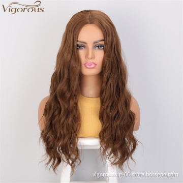 Vigorous 24 Inches Wholesale High Temperature Long Wavy Brown Wig Middle Part Synthetic Silky Wigs For Black Women